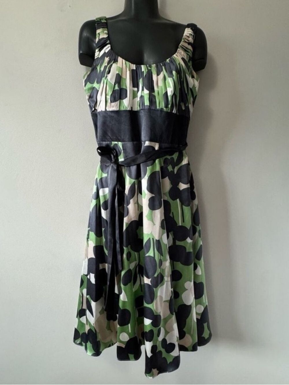 Vintage Monsoon Black Green Scoop Neck Midi Dress Silk size 6